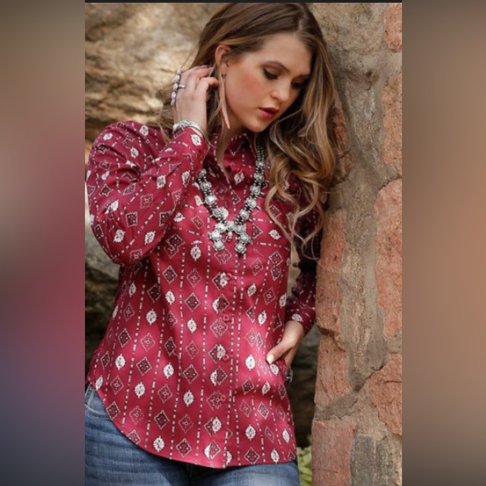 Cruel- western style, cranberry print button down shirt